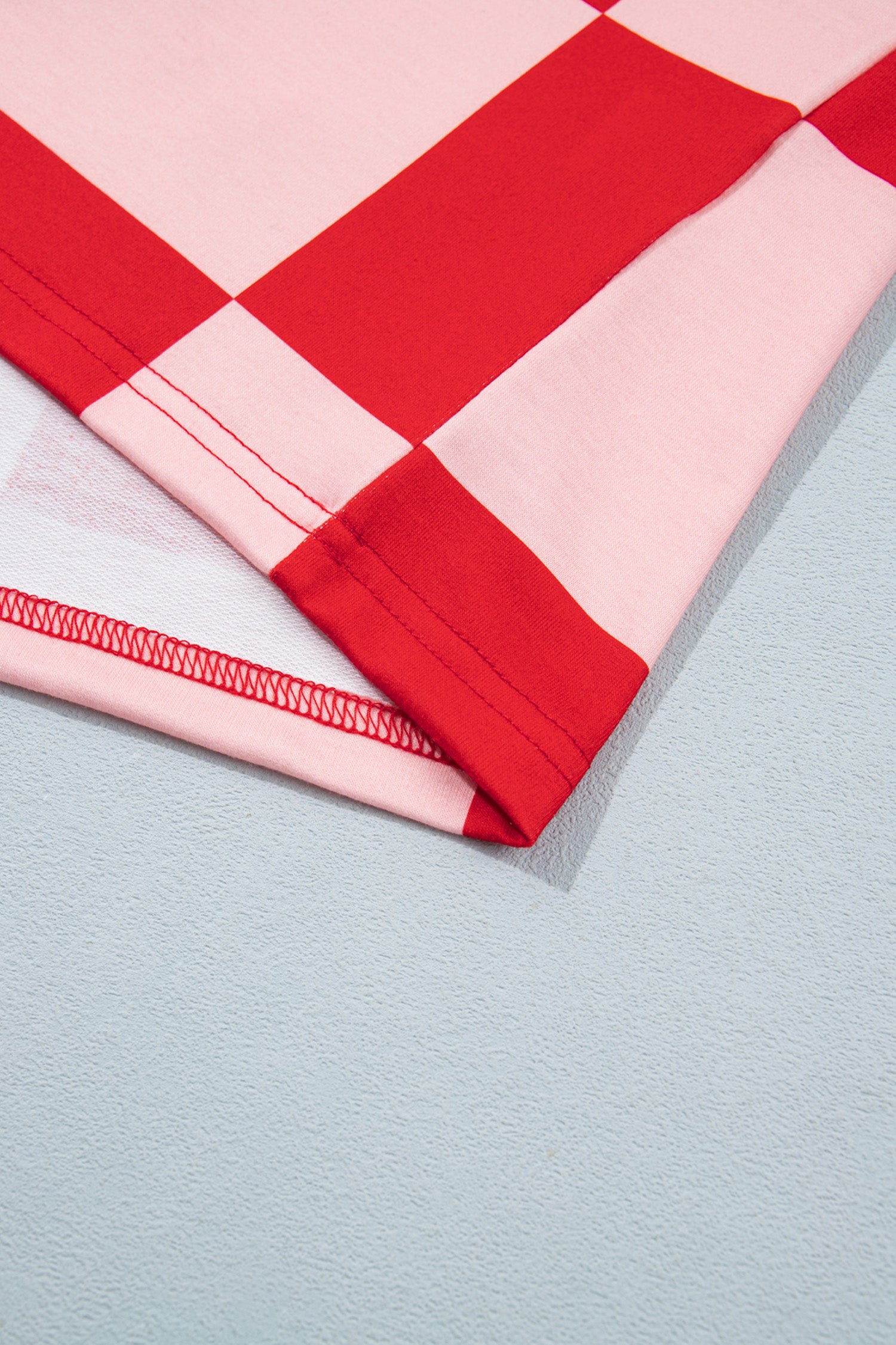 Red Checkerboard Plaid Long Sleeve Solid Color Shorts 2pcs Set