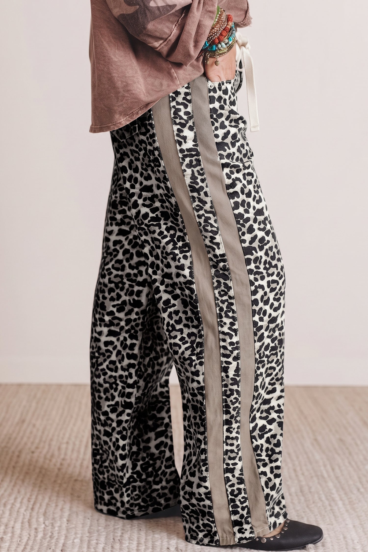 Khaki Leopard Print Drawstring Waist Straight Leg Jeans