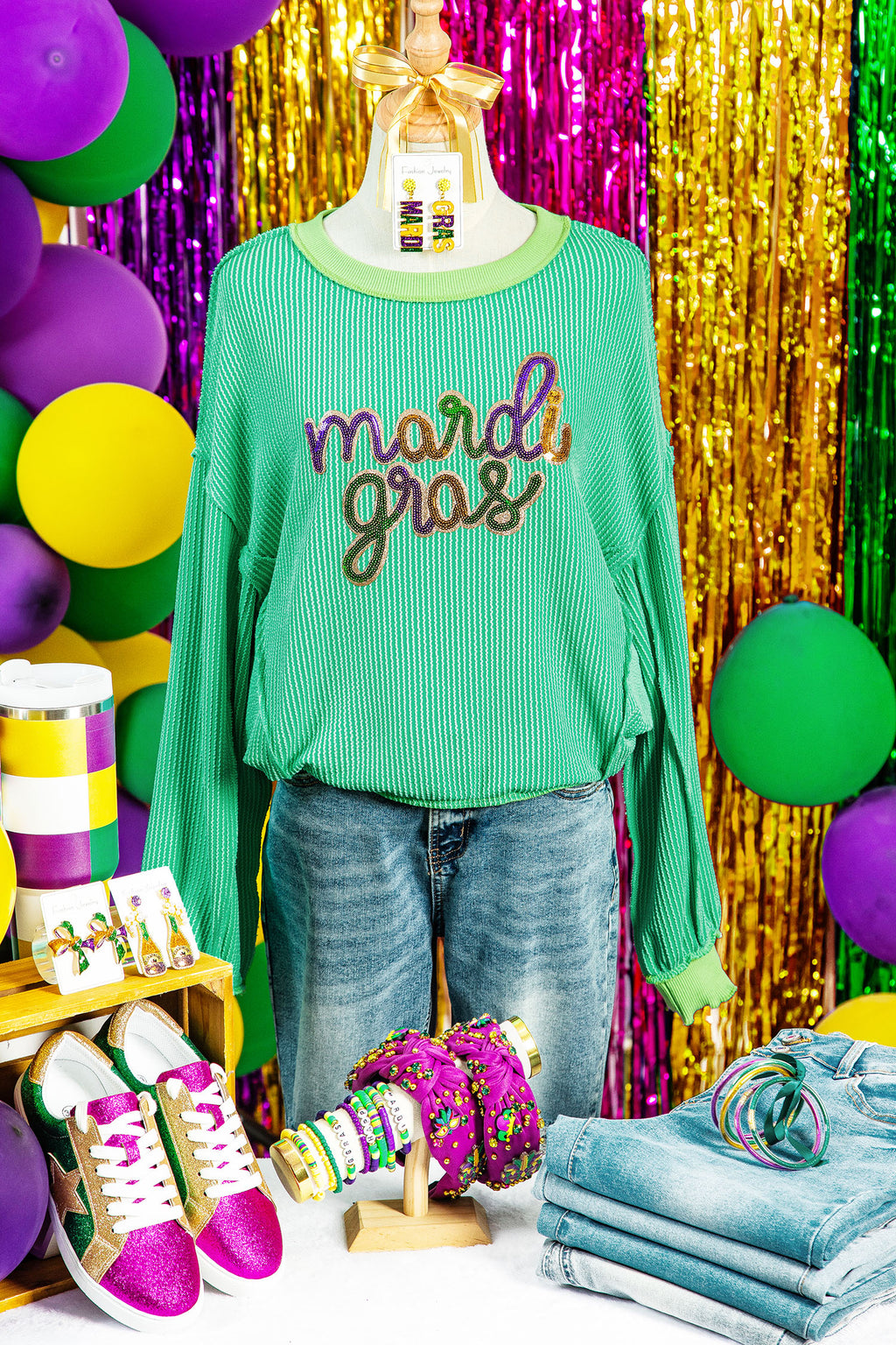 Bright Green Twisted Ribbed mardi gras Sequin Graphic Exposed Seam Patchwork Pullover Top
