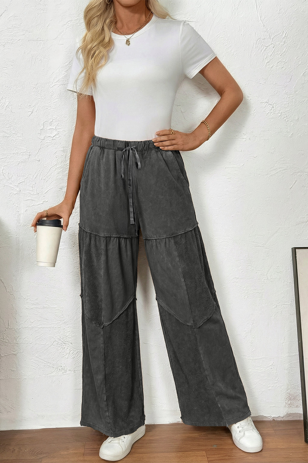 Careys Mineral Wash Tiered Wide Leg Patchwork Drawstring Pants