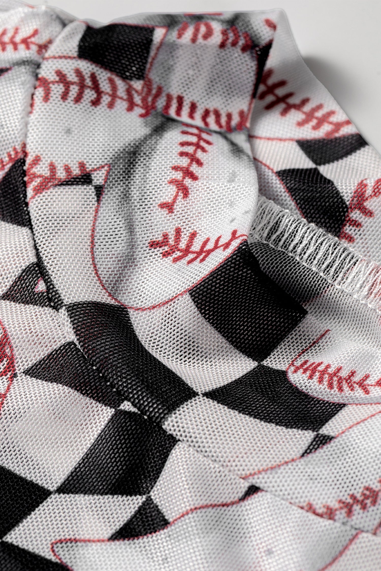 Black Checkered Baseball Bow Print High Neck Long Sleeve Mesh Top