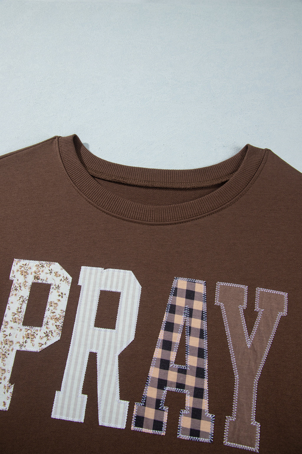 Coffee PRAY Letter Patchwork Round Neck Long Sleeve Plus Size Sweatshirt