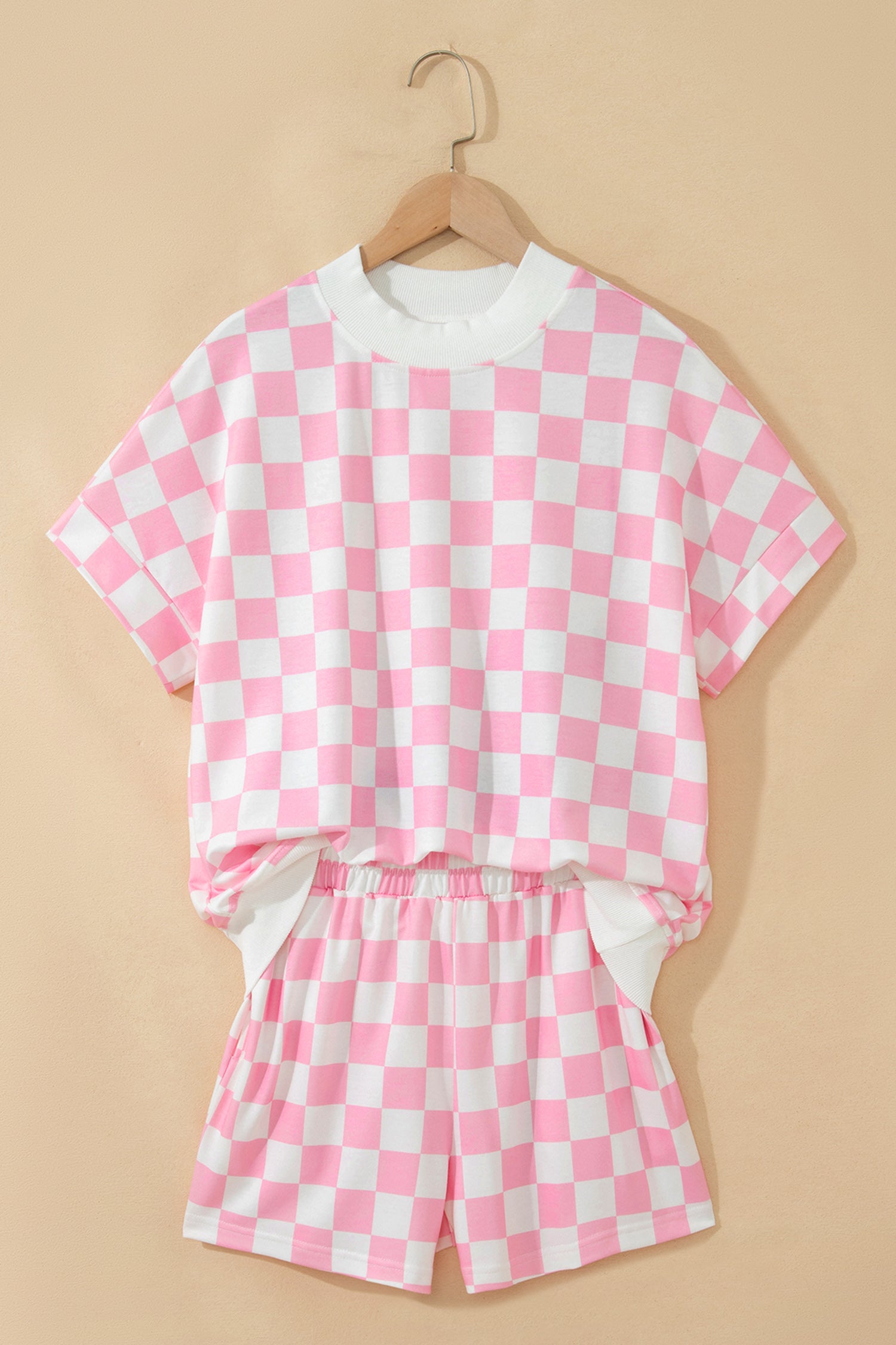 Black Checkered Print Color Block Trim Mock Neck Short Set