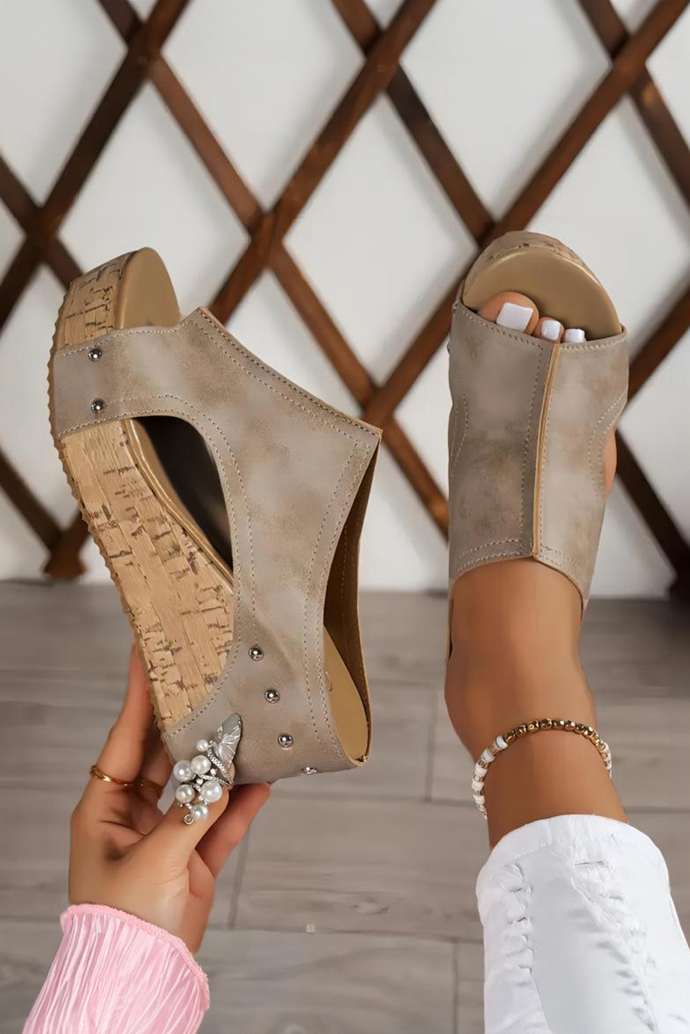 Black Hollow Out Studded PU Leather Wedge Slippers