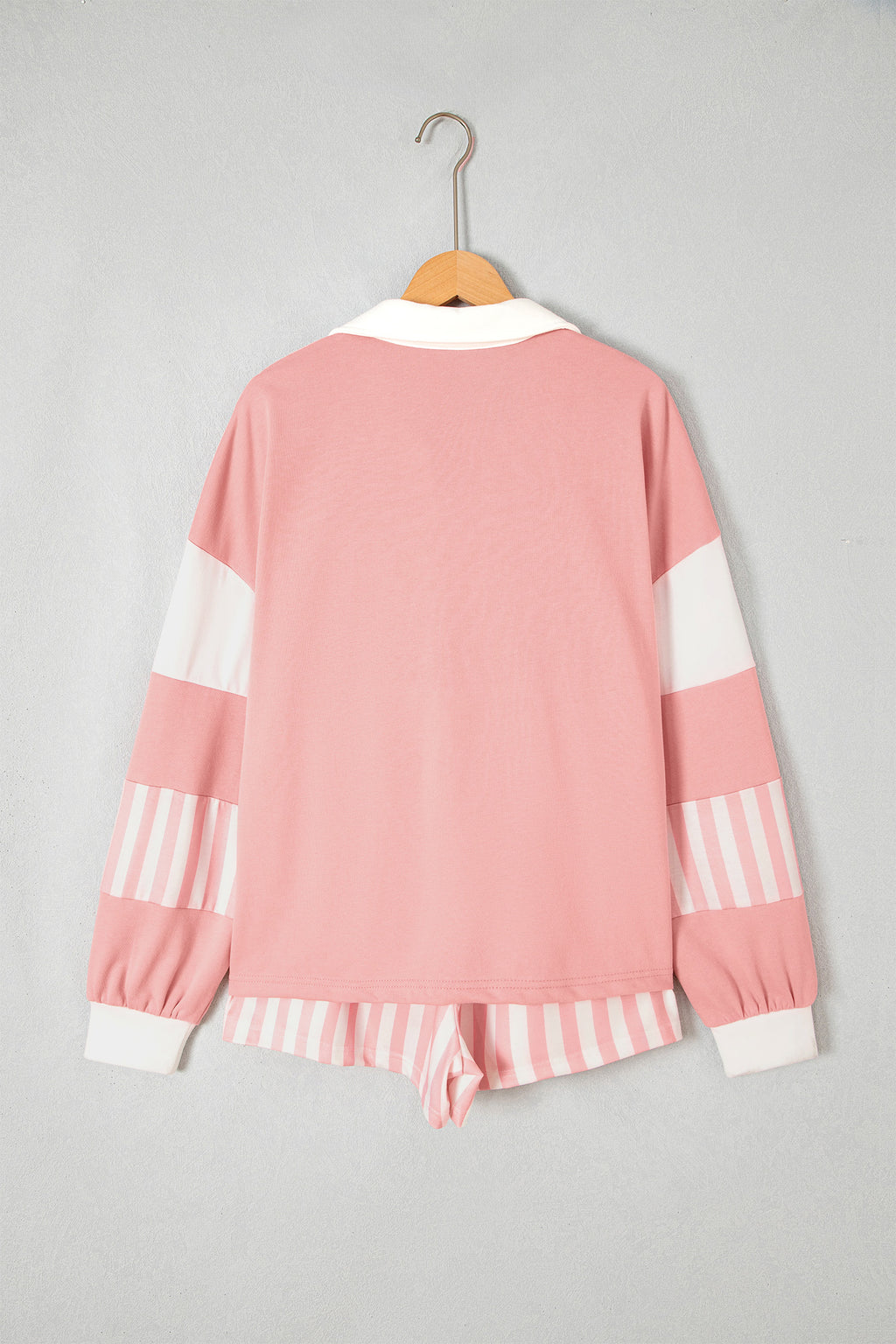 Gossamer Pink Striped Color Block Pullover Top Drawstring Shorts Set