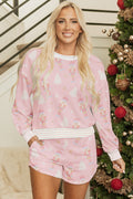 Pink Christmas Tree Nutcracker Doll Print Contrast Trim Long Sleeve Top Matching Shorts Set