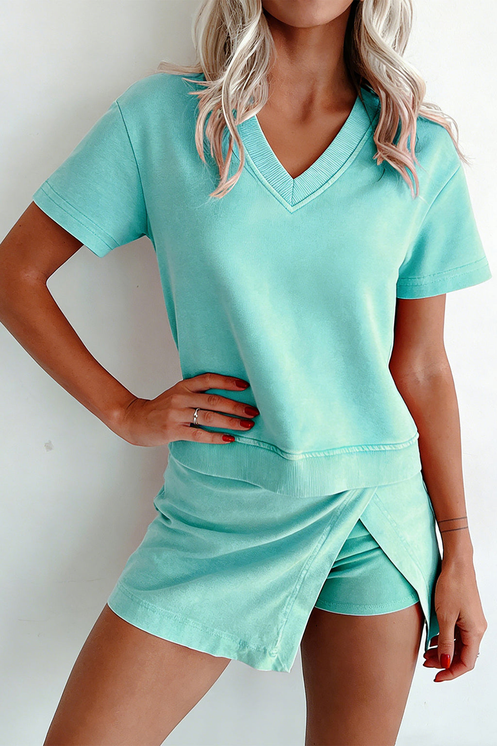 Beau Blue Mineral Wash V Neck Tee Matching Skort Set