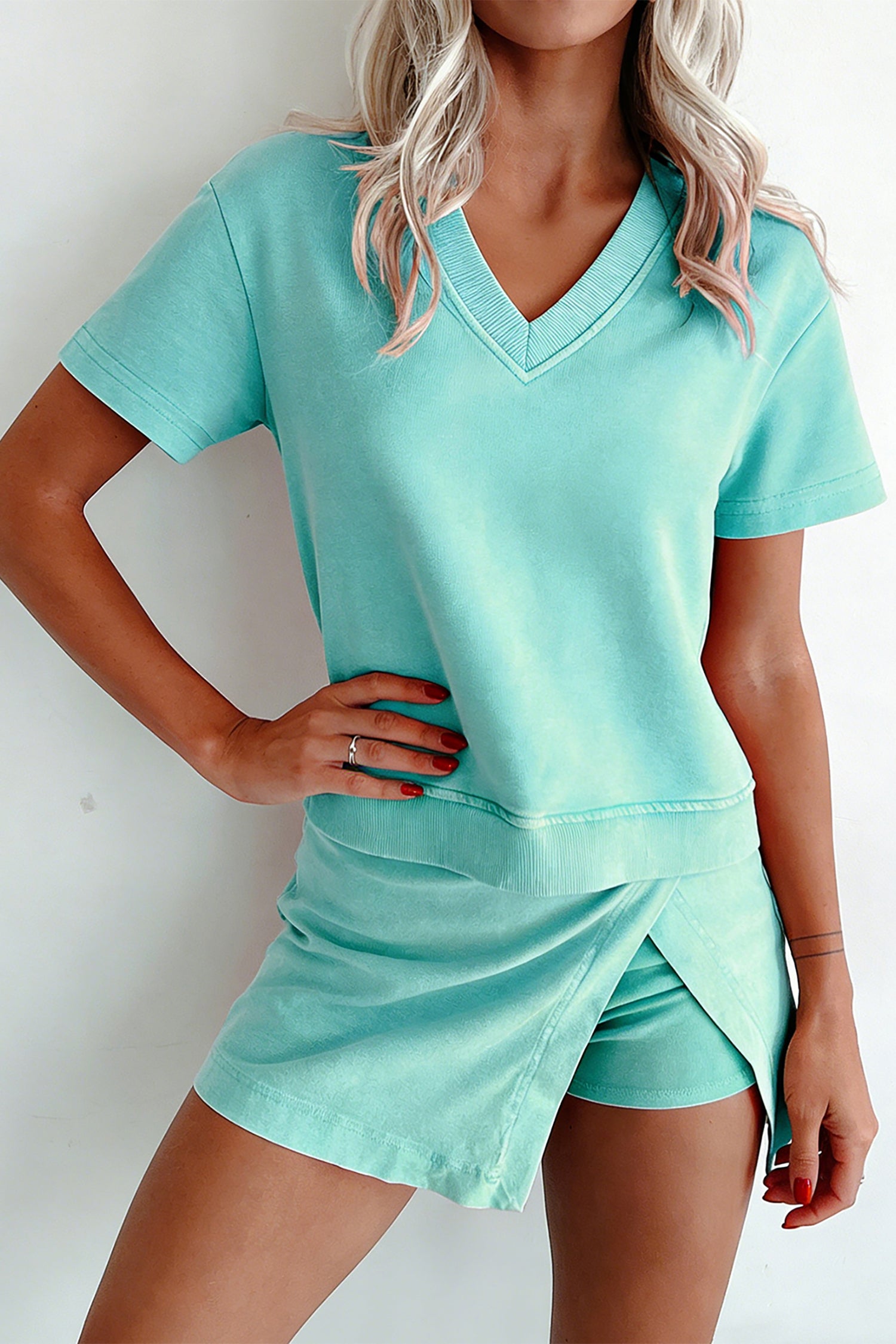 Beau Blue Mineral Wash V Neck Tee Matching Skort Set