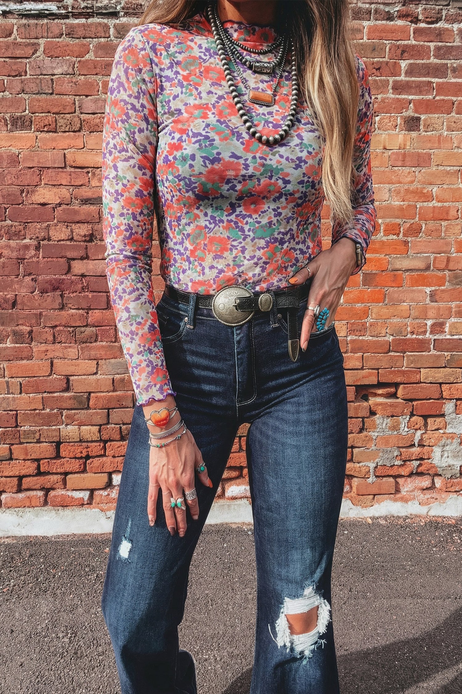 Smoke Gray Floral Print Slim Fit Mesh Long Sleeve Mock Neck Top