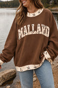 Coffee Plus Size Embroidered Trim Mallard Patch Contrast Trim Crewneck Sweatshirt
