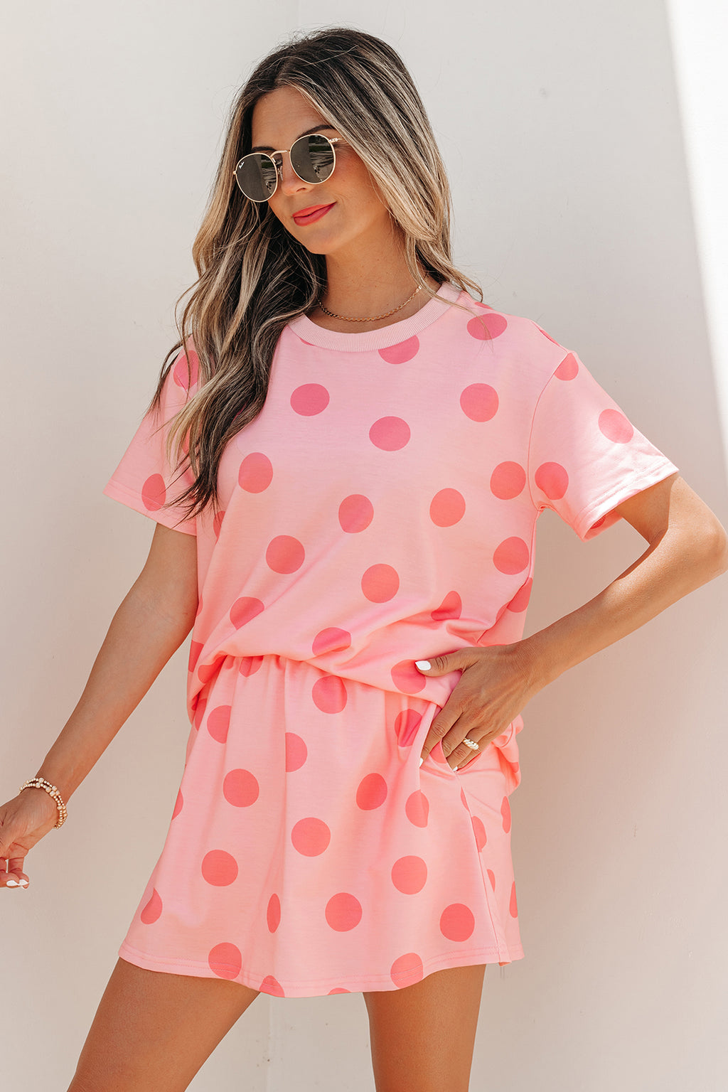 Pink Polka Dot Short Sleeve Top Casual Skort 2pcs Outfit