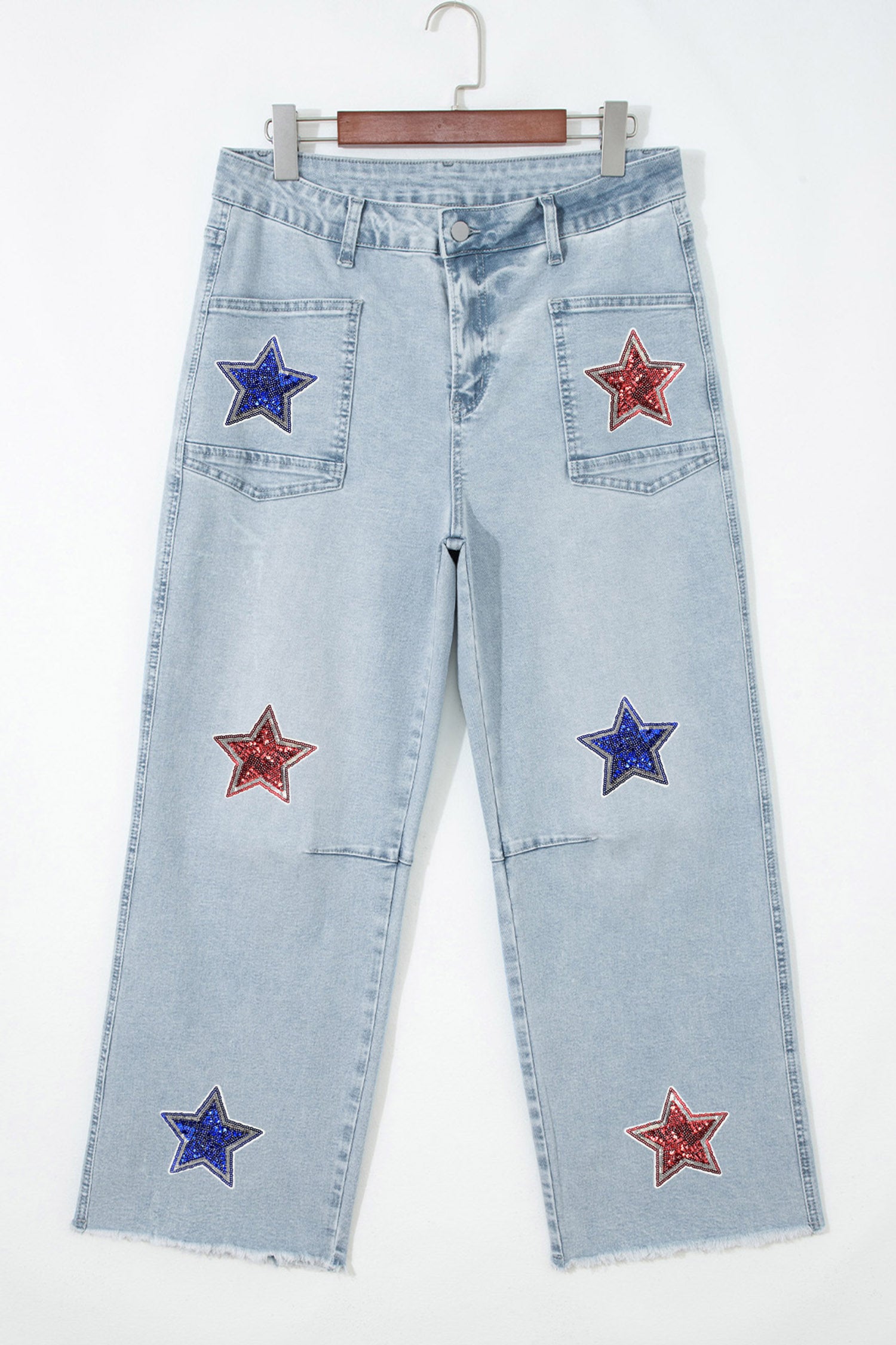 Beau Blue Patriotic Sequin Stars Patch Pocket Shift Jeans