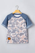 Multicolour Camouflage Print Denim Color Block Sleeve Casual Tee