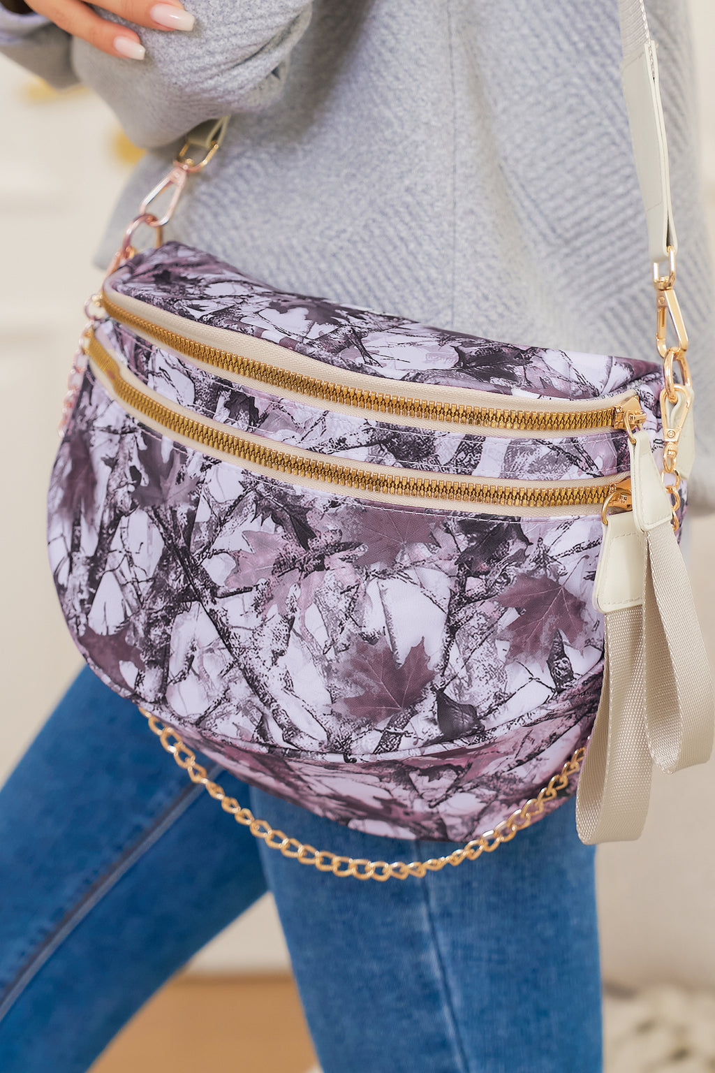 Medium Grey Abstract/ Camouflage/ Polka Dot/ Leopard Print Double Zip Fashion Crossbody Bag