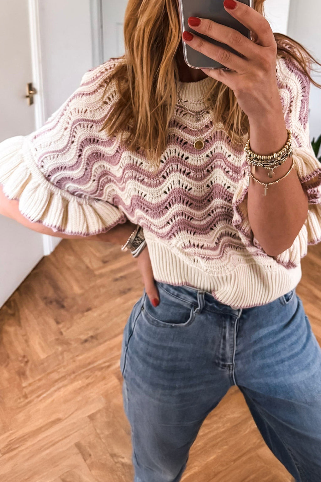 Beige Stripe Wavy Crochet Eyelet Detail Ruffle Half Sleeve Sweater