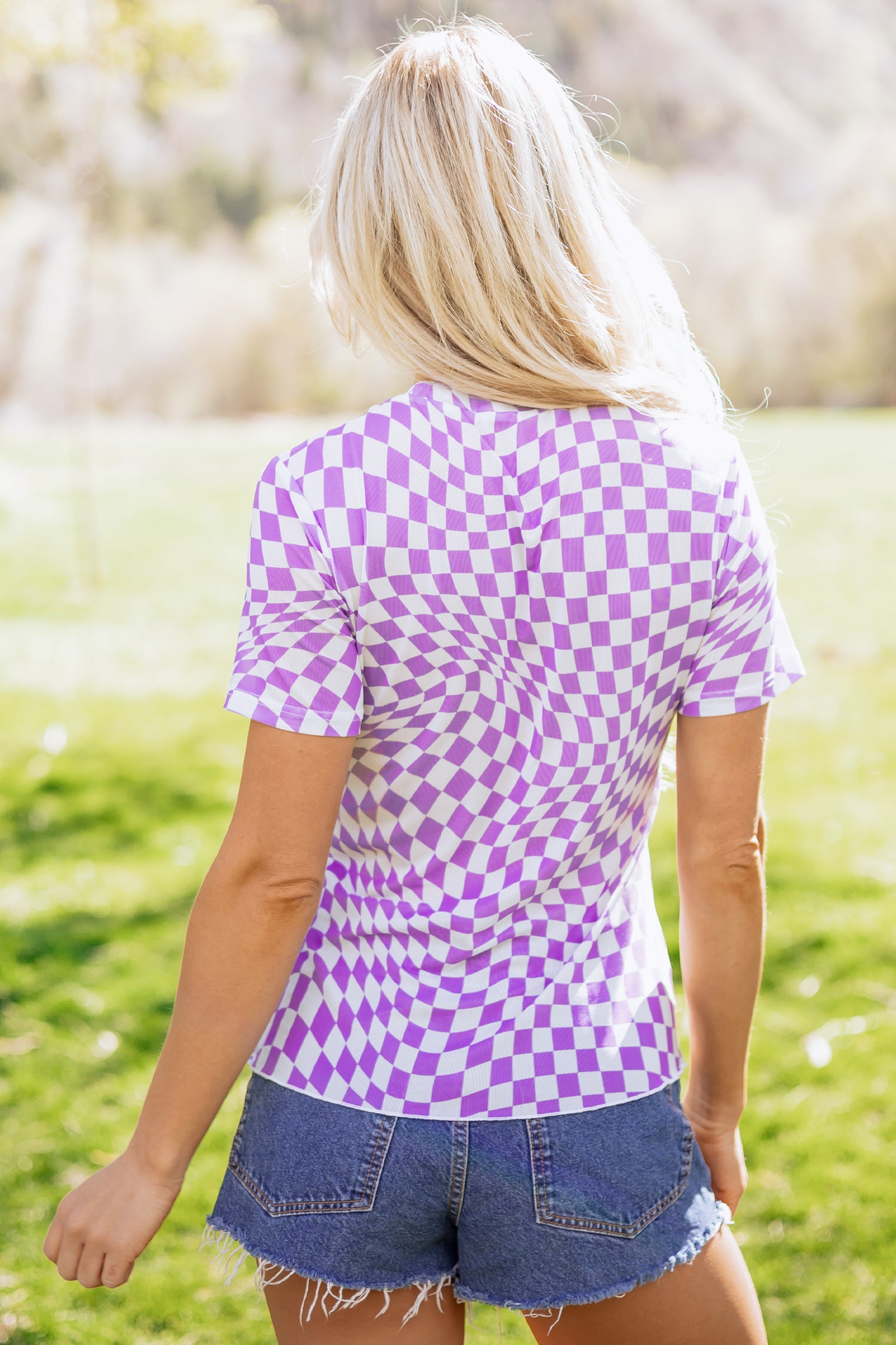 Khaki Checkered Print Crew Neck Mesh T Shirt