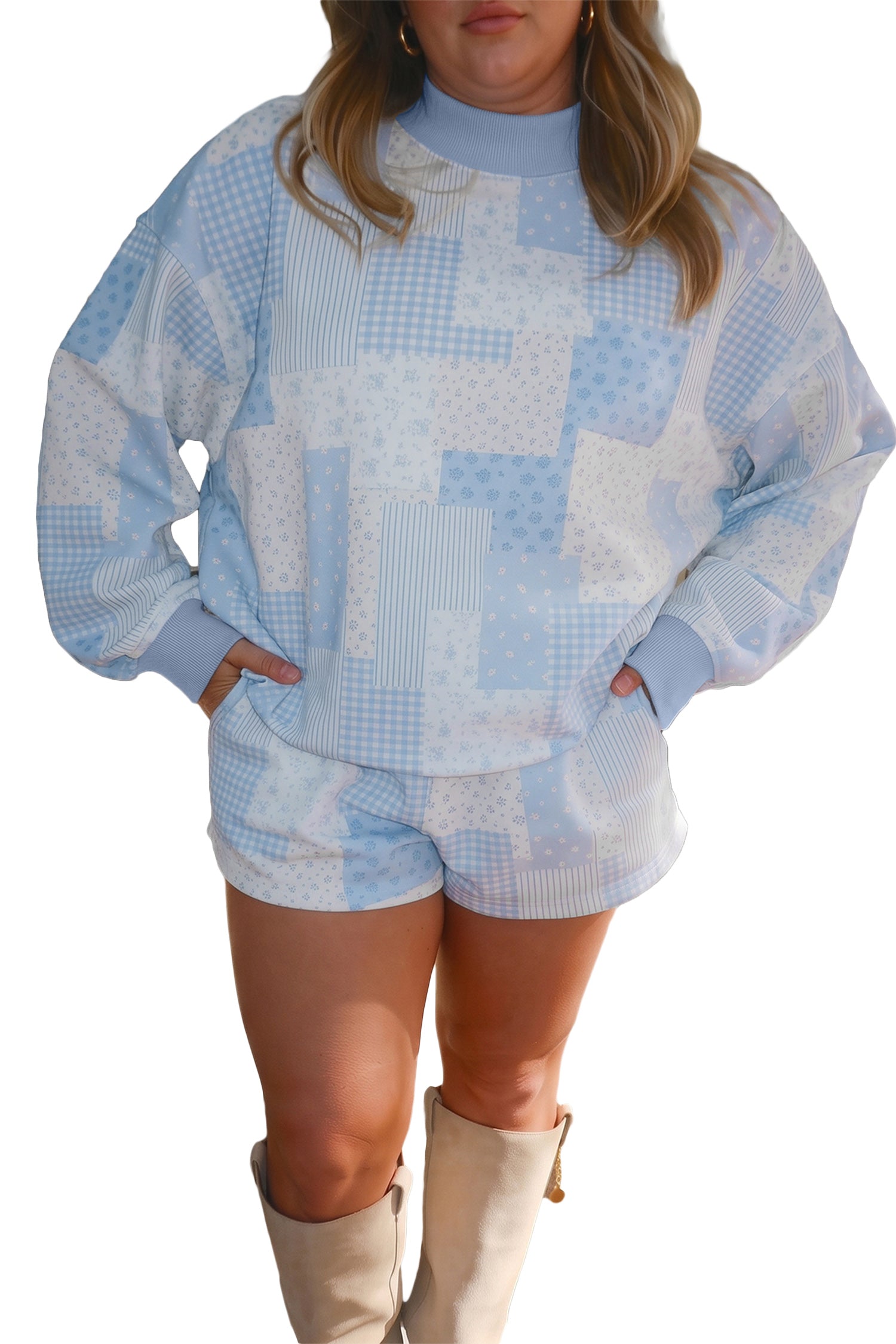 Sky Blue Patchwork Floral Print Stand Neck Long Sleeve Two-piece Outfit Plus Size Set