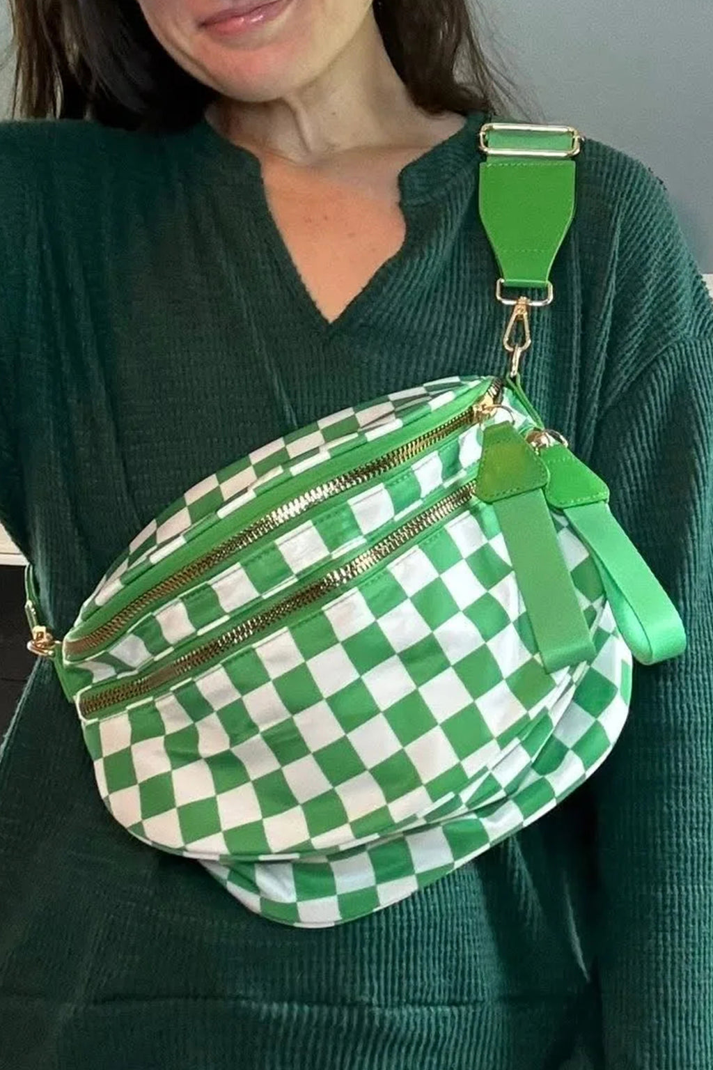 Chestnut Checkered Print Wide Strap Large Crossbody Bag
