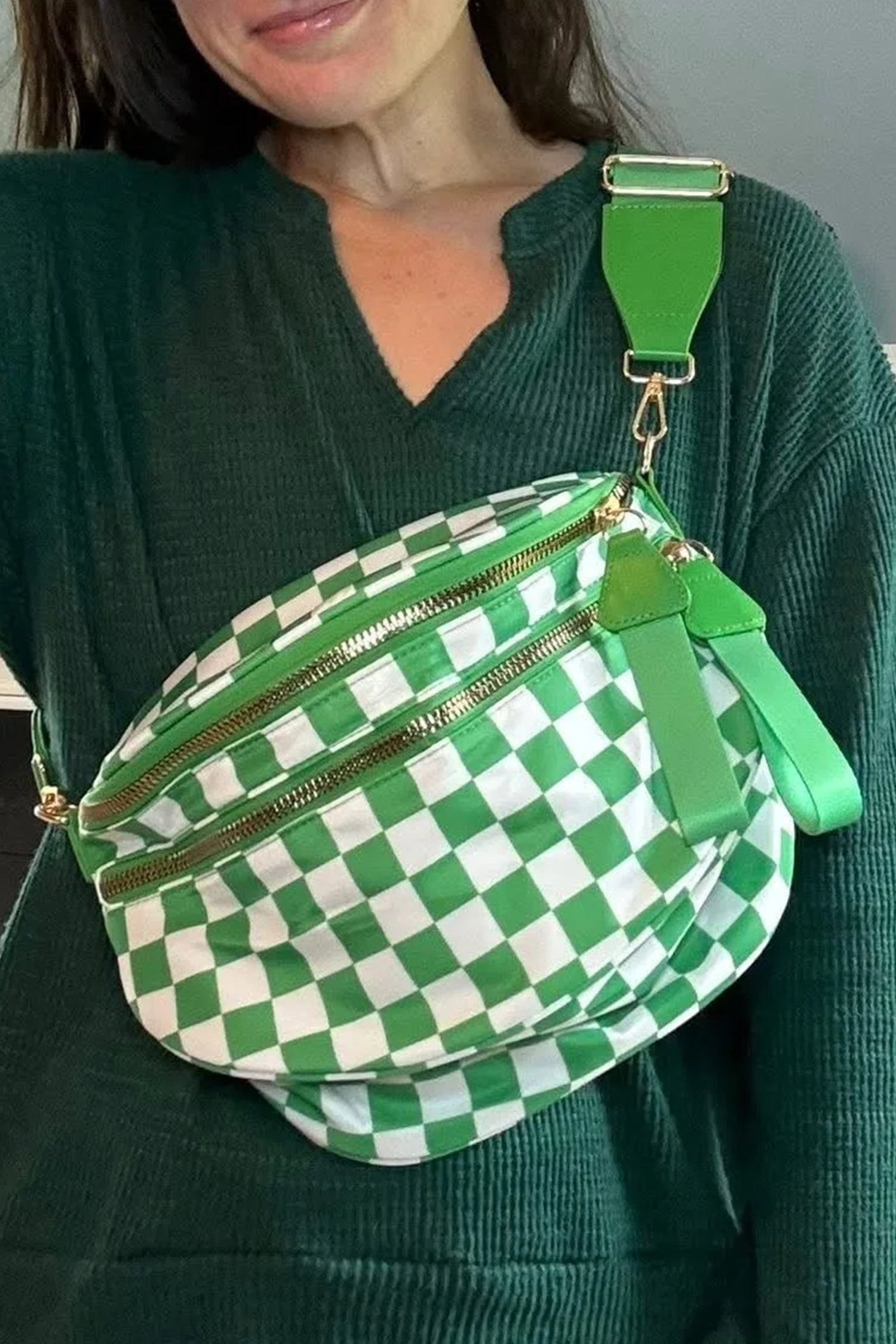 Chestnut Checkered Print Wide Strap Large Crossbody Bag