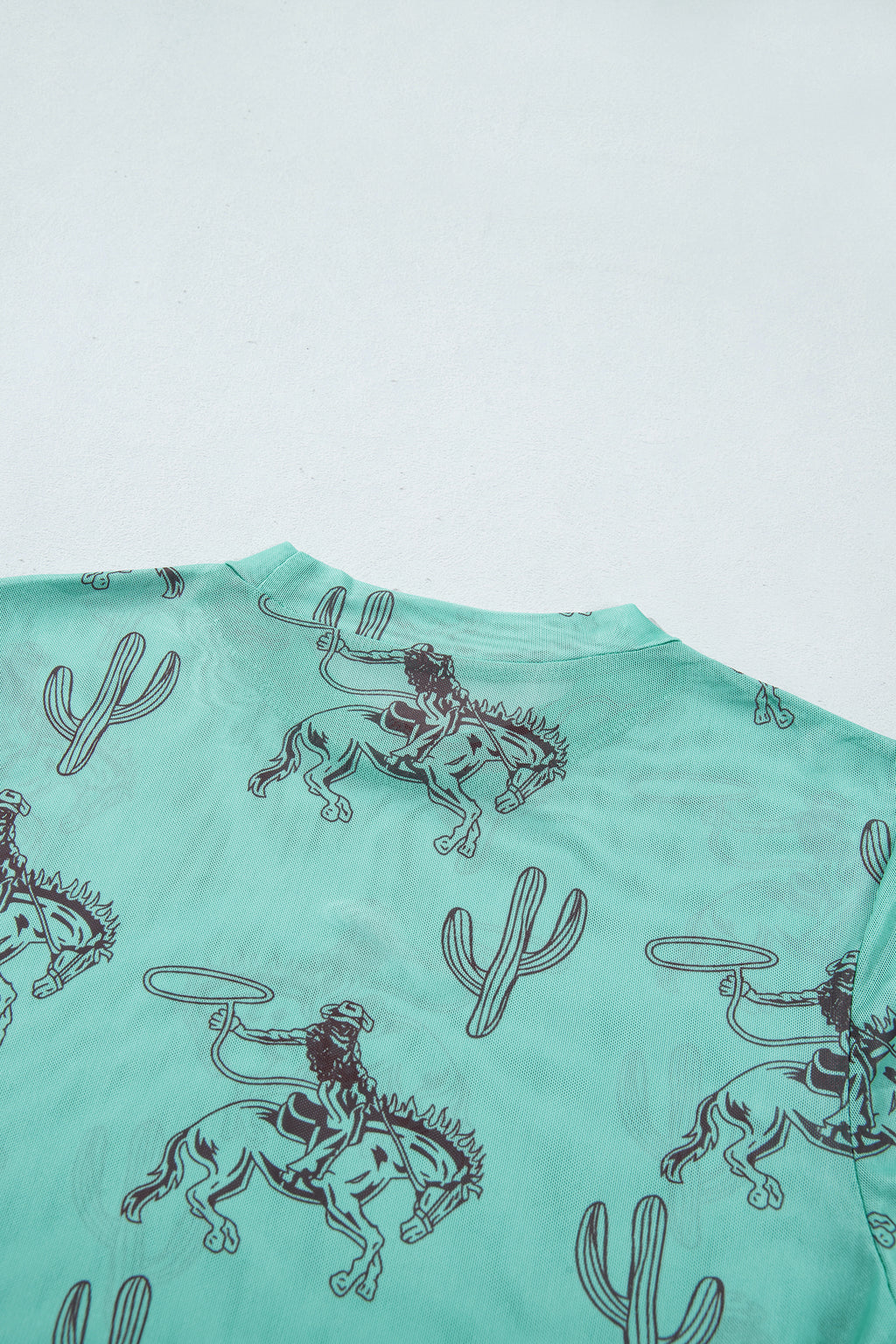 Aruba Blue Western Print High Neck Long Sleeve Sheath Mesh Top