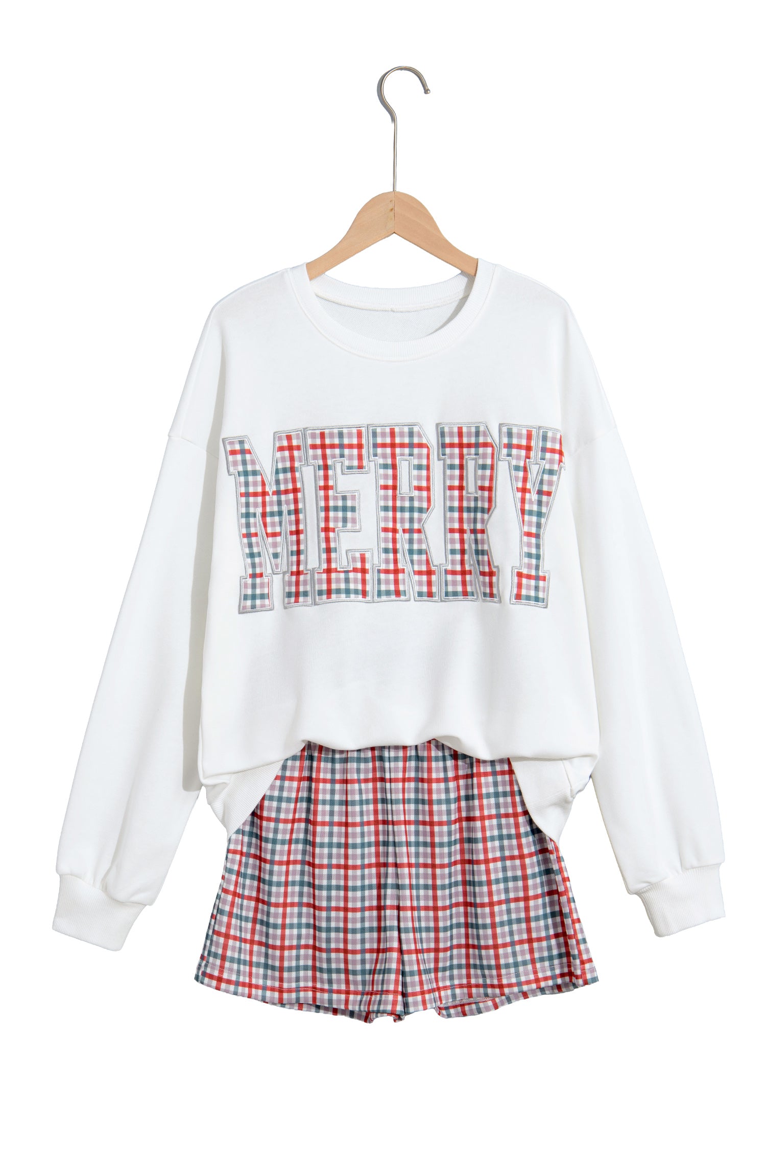 Multicolour Plaid MERRY Holiday Long Sleeve Top and Shorts Set