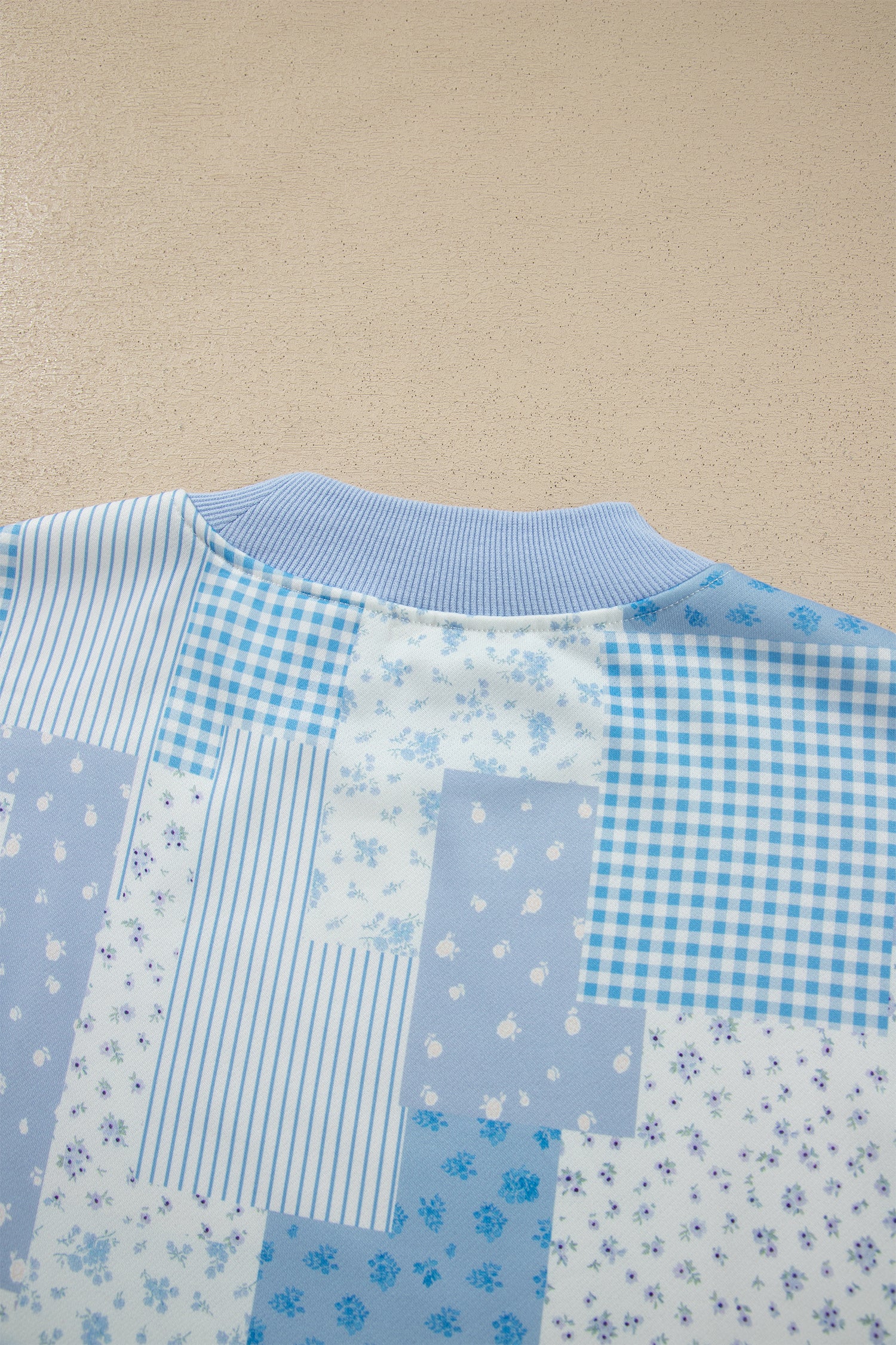 Sky Blue Patchwork Floral Print Drop Shoulder Baggy Pullover Drawstring Shorts Set