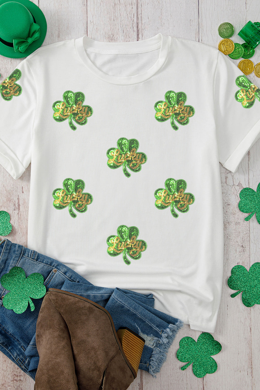 White Sequin Lucky Clover Patched Casual Round Neck Tee