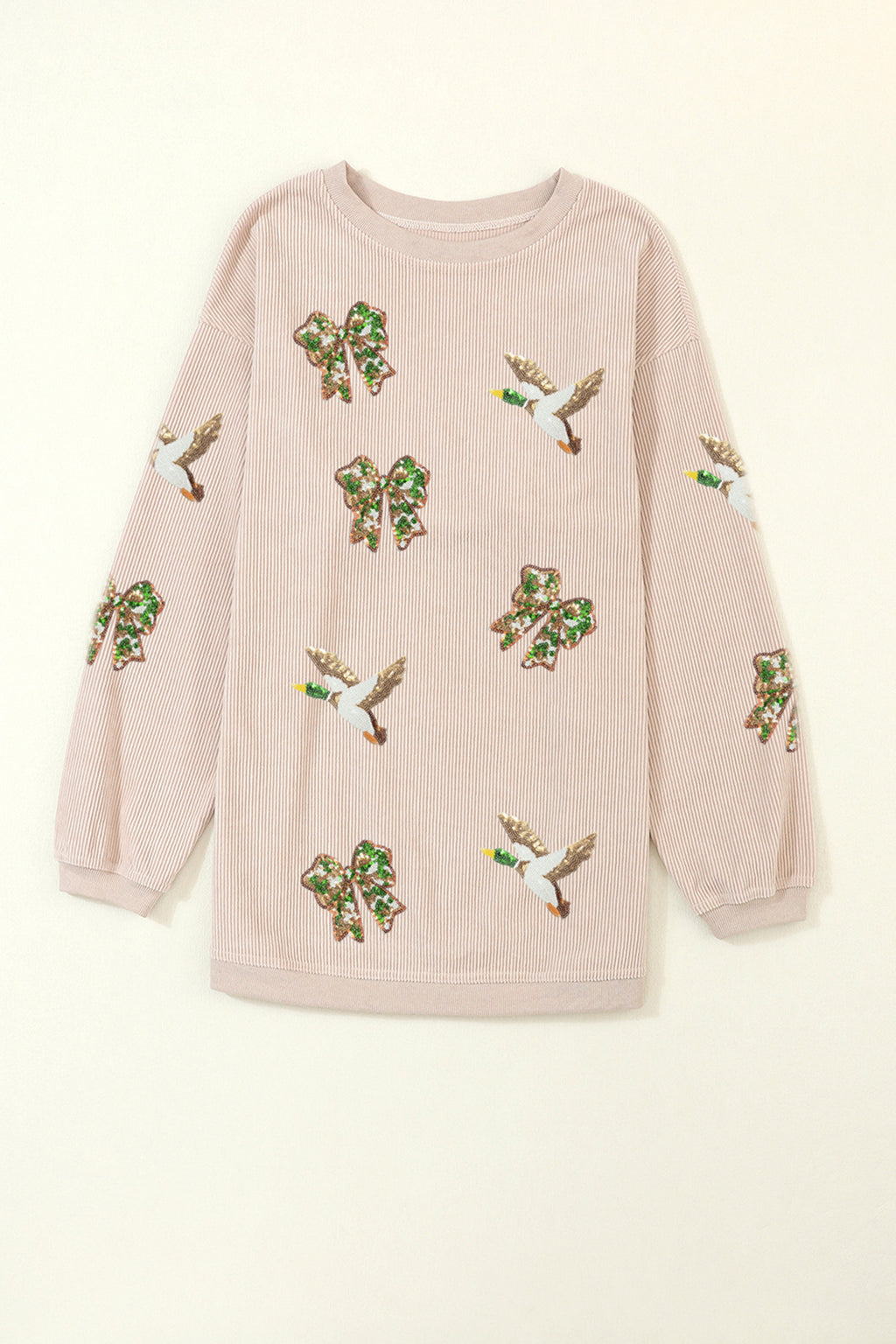 Apricot Twisted Rib Sequin Patched Mallard Bow Pattern Oversized Sweatshirt