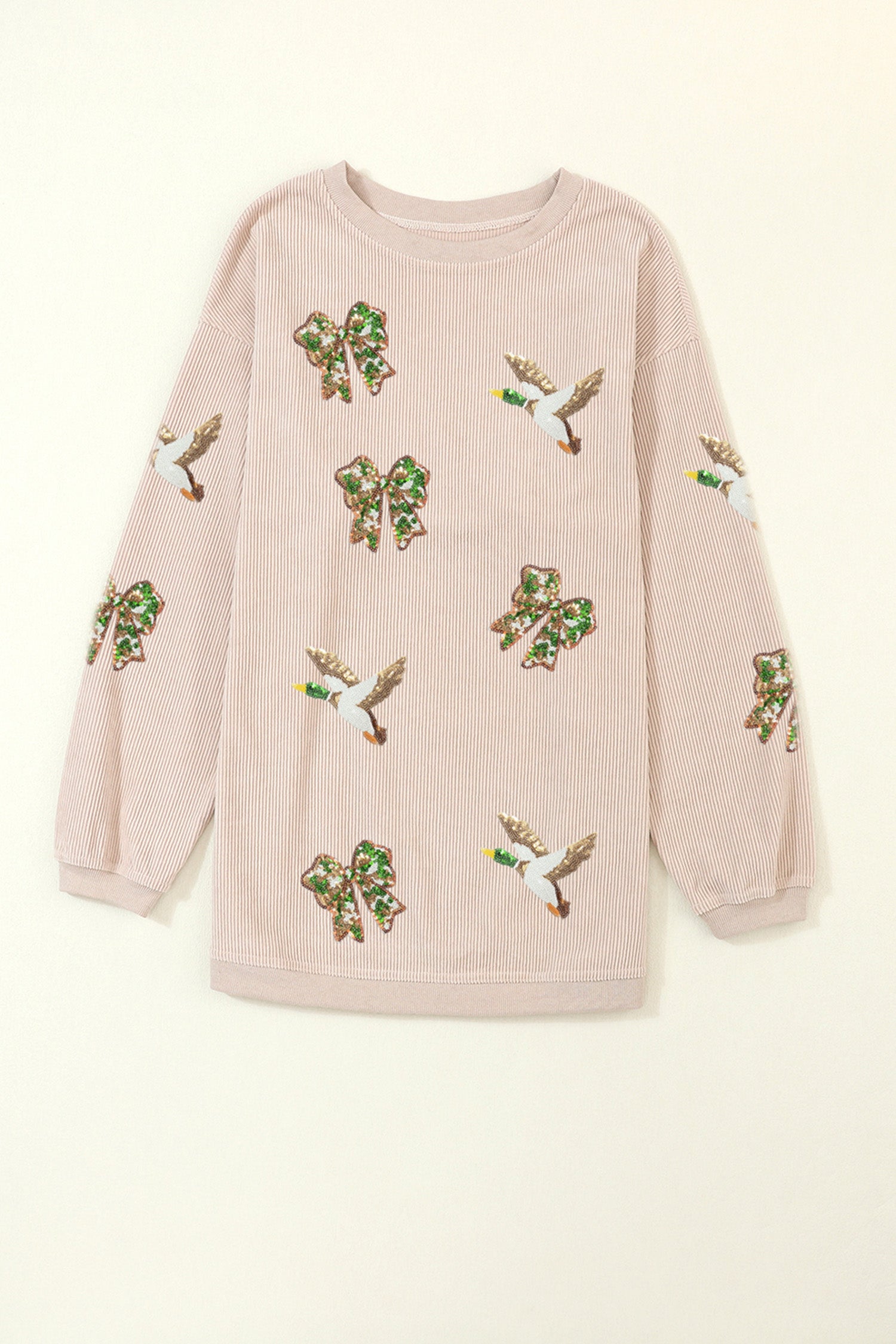 Apricot Twisted Rib Sequin Patched Mallard Bow Pattern Oversized Sweatshirt