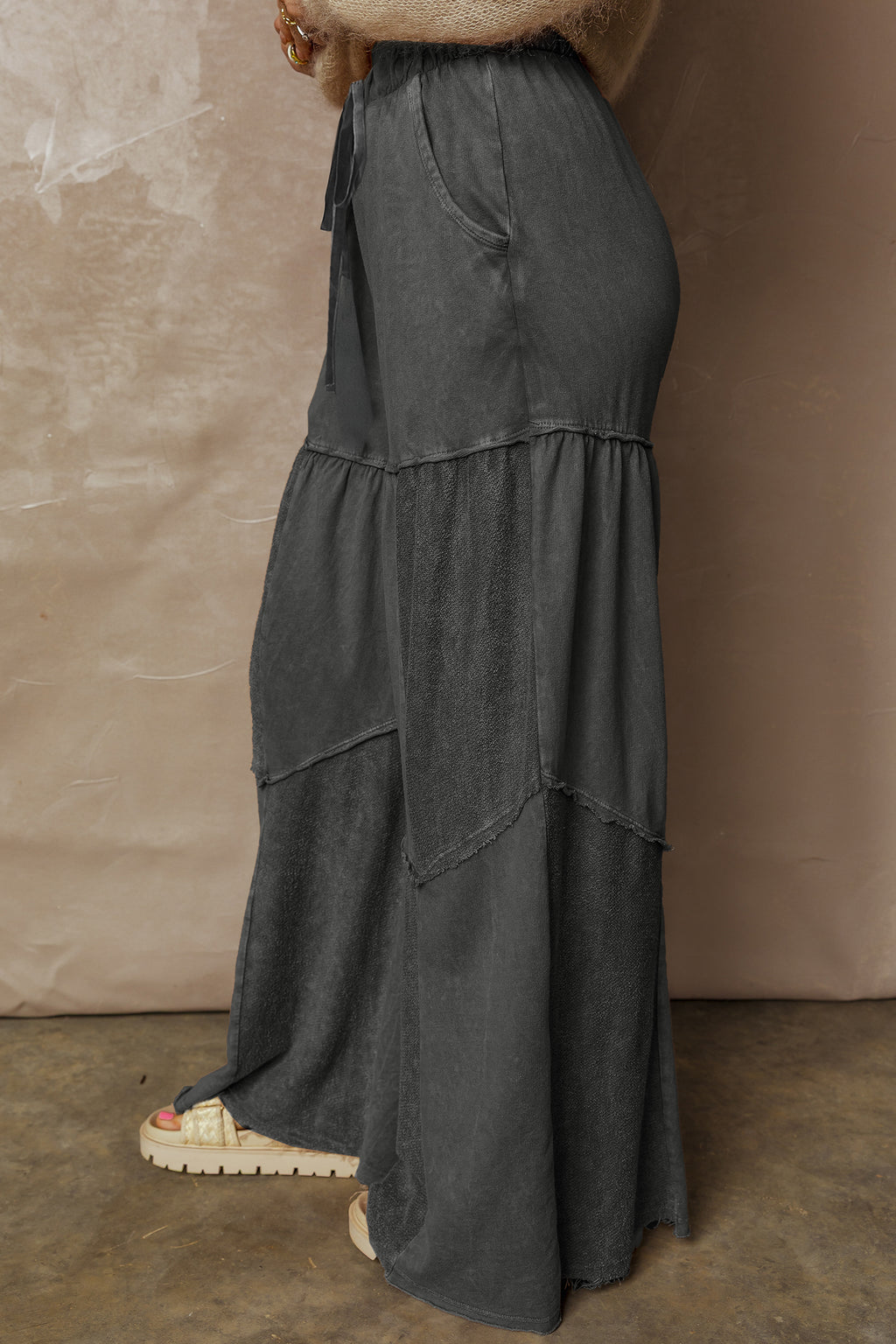 Careys Mineral Wash Tiered Wide Leg Patchwork Drawstring Pants