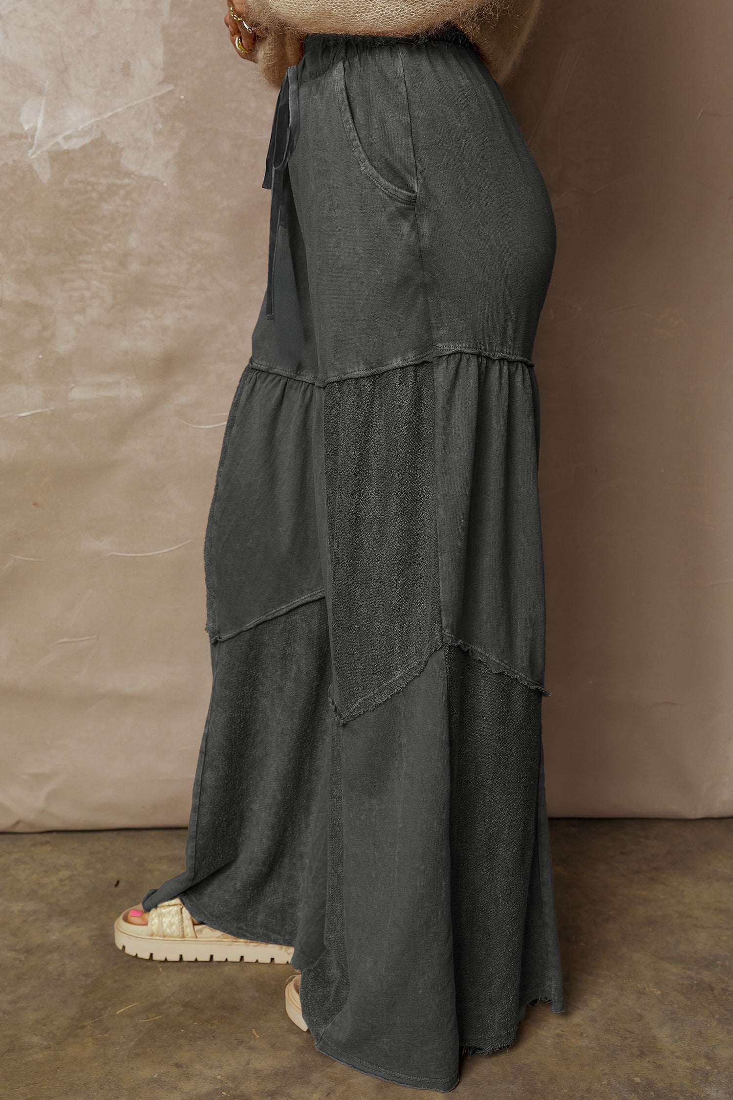 Careys Mineral Wash Tiered Wide Leg Patchwork Drawstring Pants