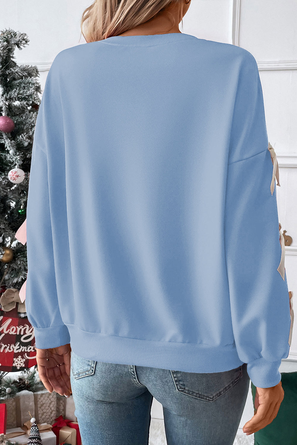Fiery Red Contrast Bow Decor Dropped Sleeve Crewneck Sweatshirt