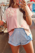 Apricot Color Block Flower Patched Loose T Shirt