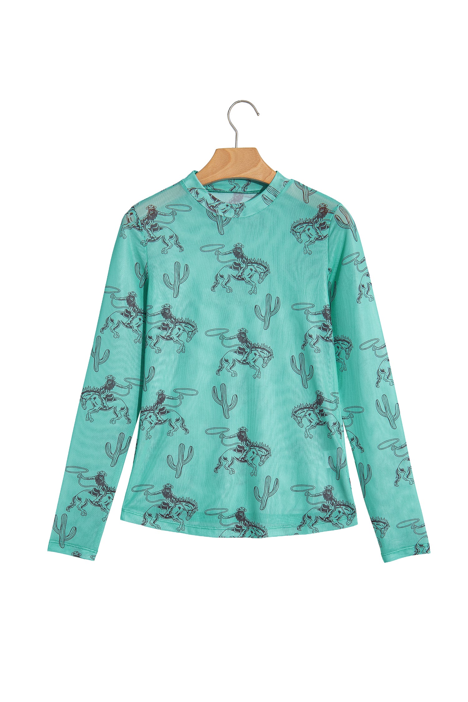 Aruba Blue Western Print High Neck Long Sleeve Sheath Mesh Top