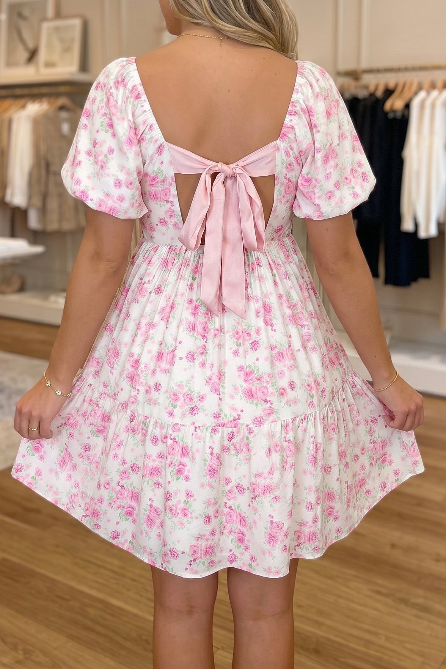 Pink Floral Print Square Neck Ribbon Knot Back Cute Mini Dress