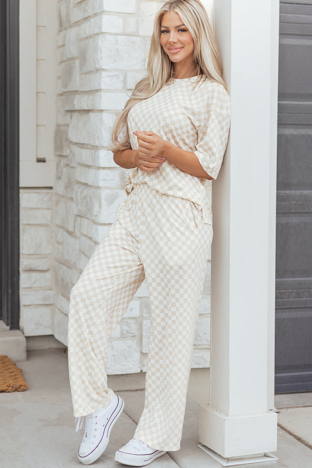 Black Checkered Print Half Sleeve Tee 2pcs Lounge Pant Set