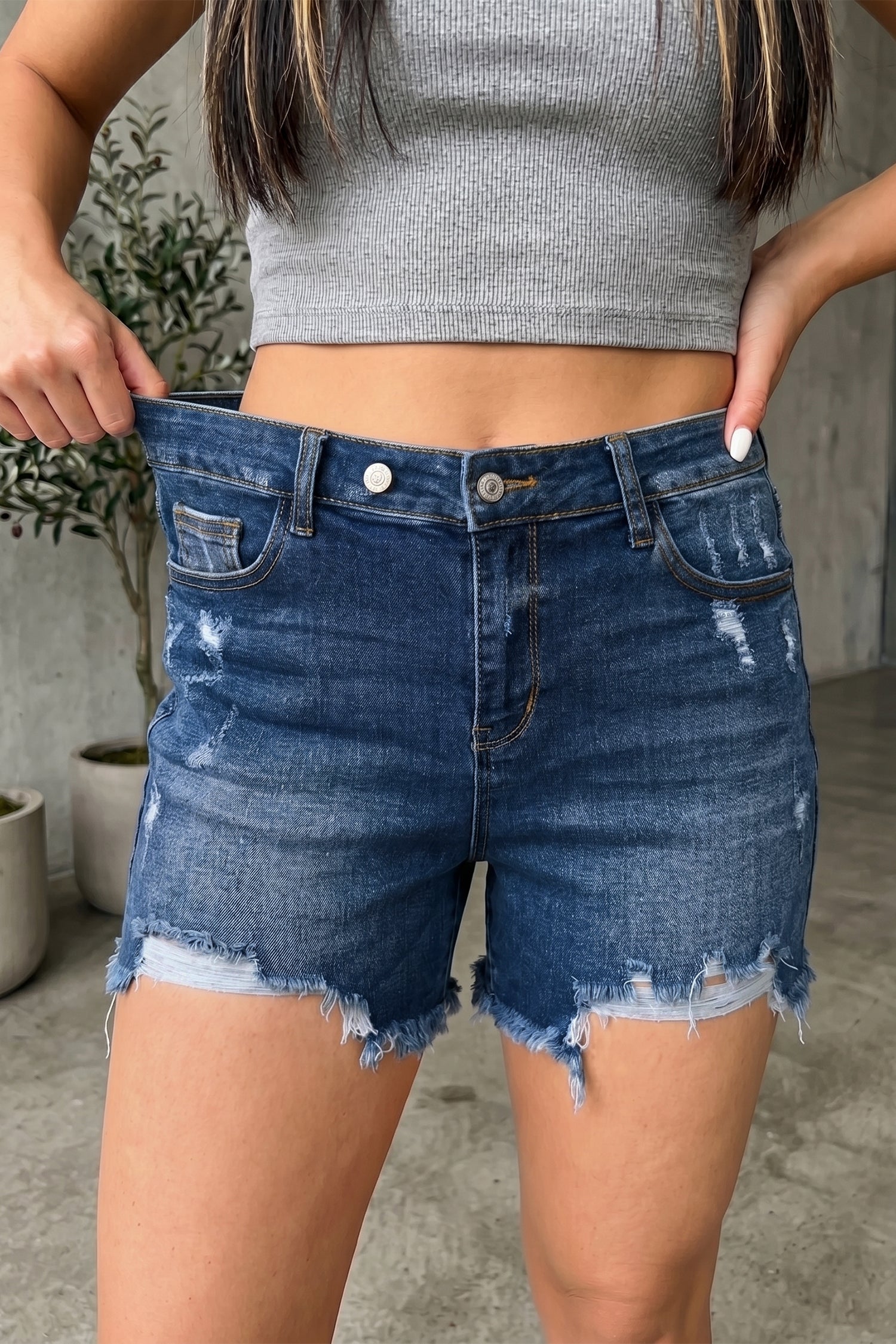 Beau Blue Asymmetric Raw Hem Distressed Whiskery Denim Shorts