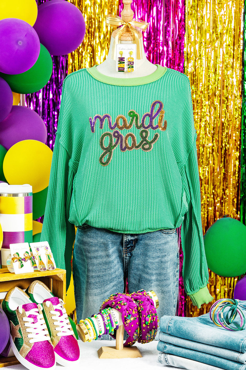 Bright Green Twisted Ribbed mardi gras Sequin Graphic Exposed Seam Patchwork Pullover Top