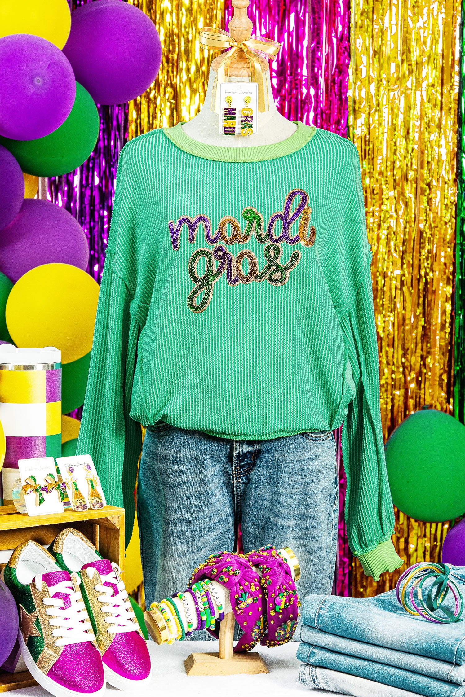 Bright Green Twisted Ribbed mardi gras Sequin Graphic Exposed Seam Patchwork Pullover Top