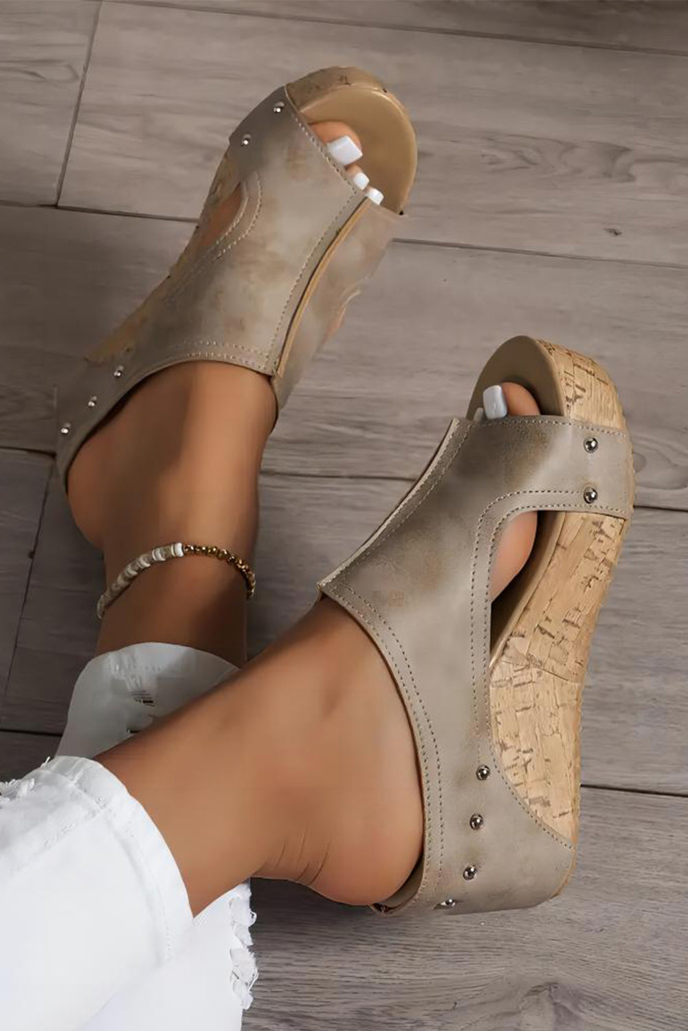 Black Hollow Out Studded PU Leather Wedge Slippers