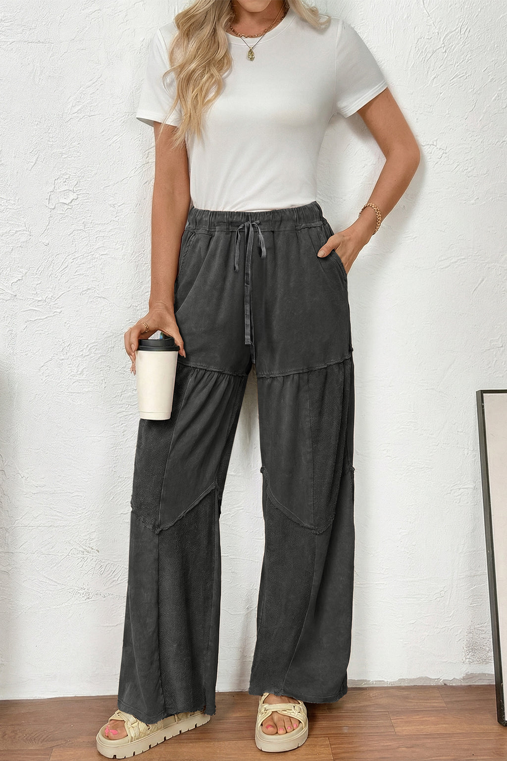 Careys Mineral Wash Tiered Wide Leg Patchwork Drawstring Pants