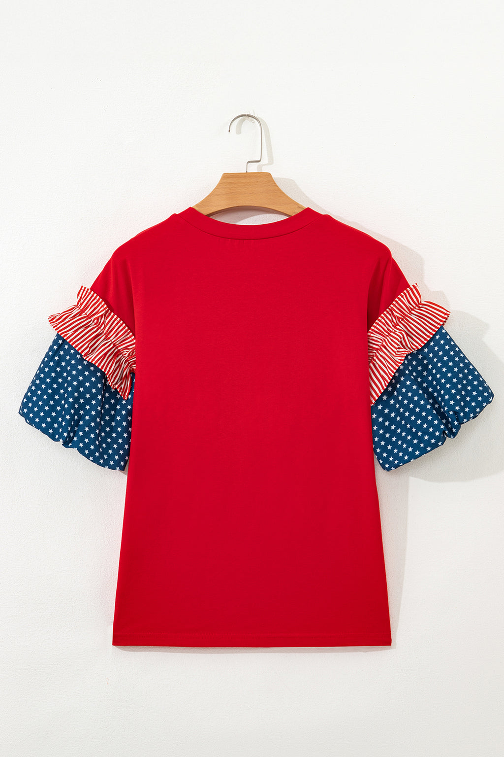 Fiery Red Sequin USA Lettering Patriotic Contrast Splicing Sleeve Top