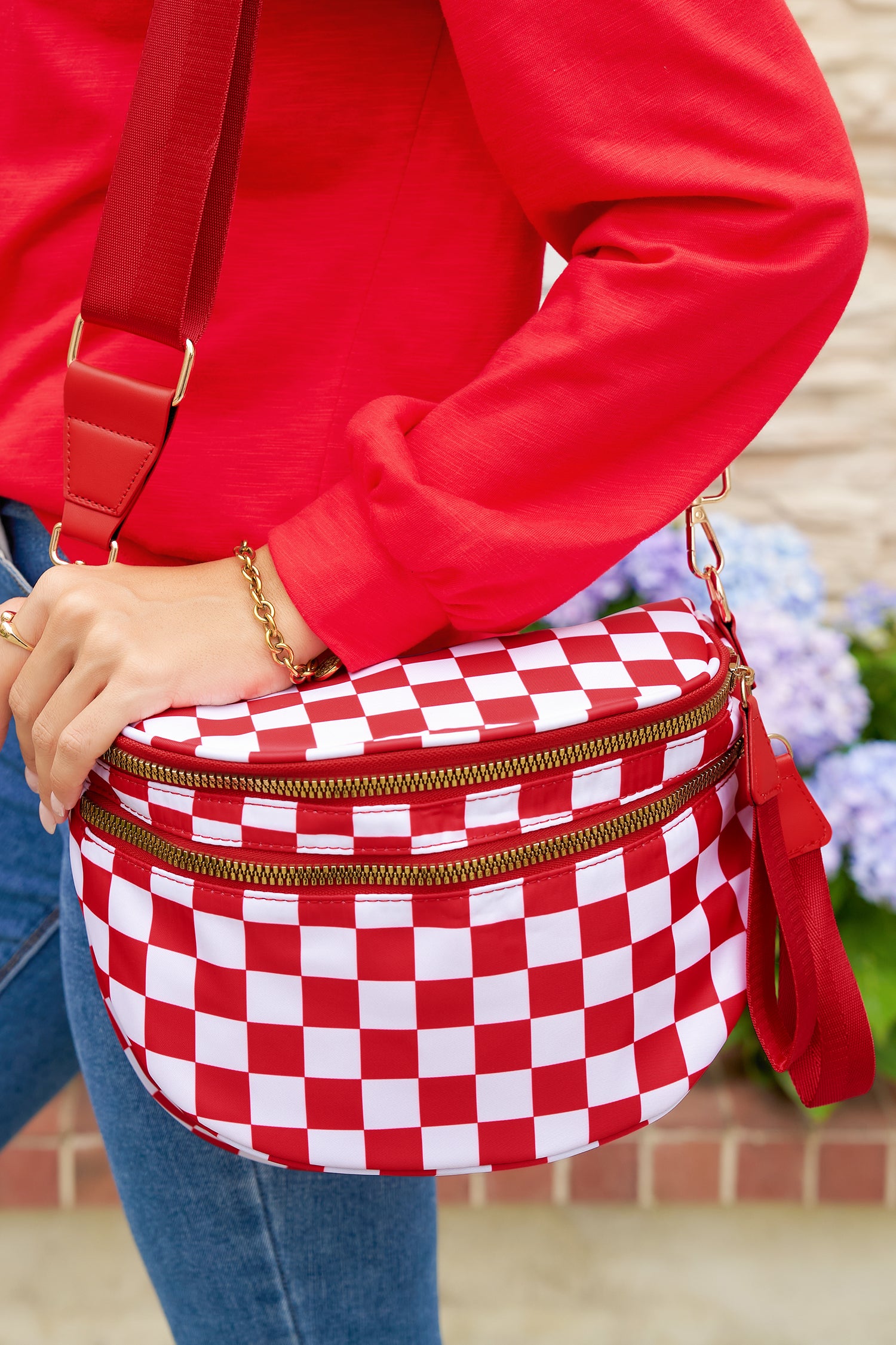 Chestnut Checkered Print Wide Strap Large Crossbody Bag