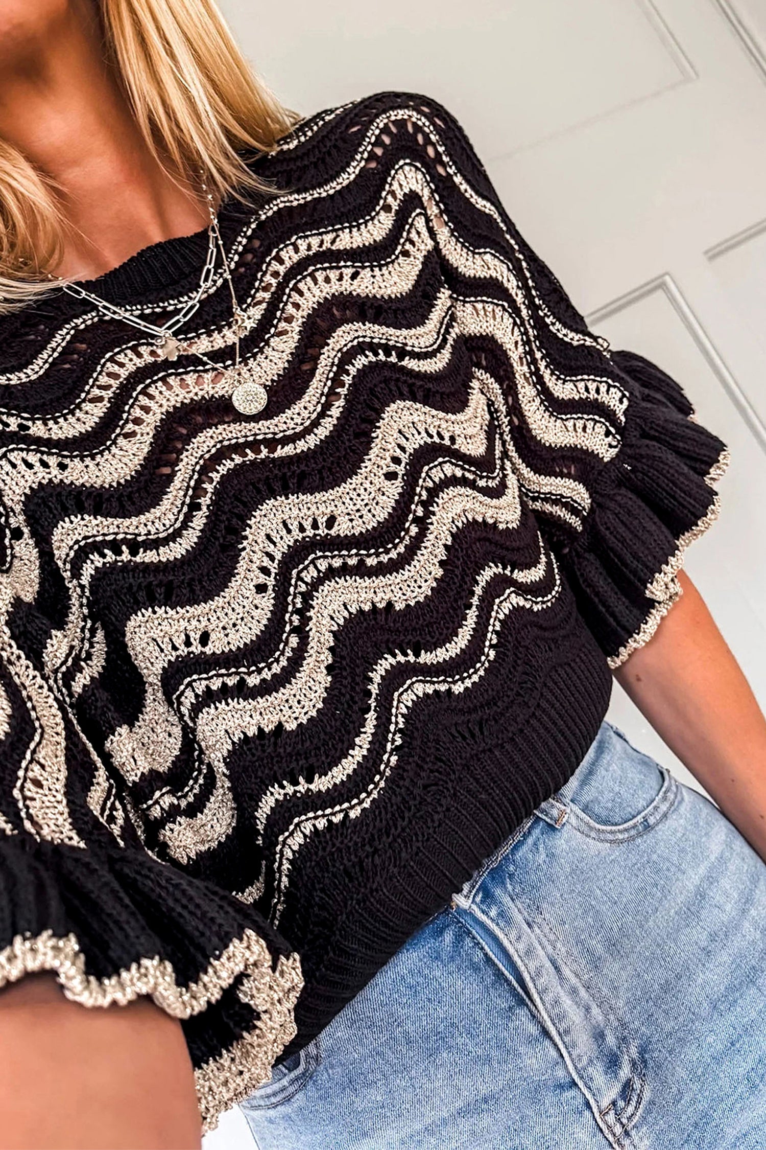 Beige Stripe Wavy Crochet Eyelet Detail Ruffle Half Sleeve Sweater