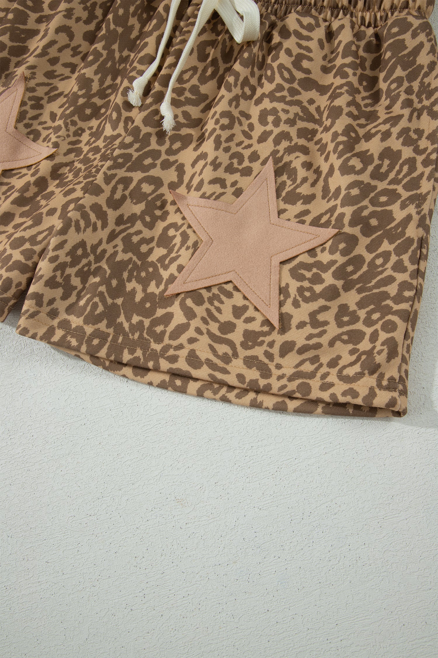 Khaki Leopard Drawstring Elastic Waist Star Patched Shorts