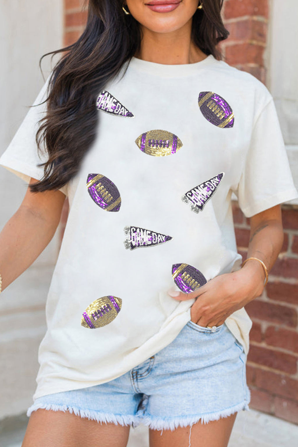 White Sequin Game Day Football Print T-Shirt