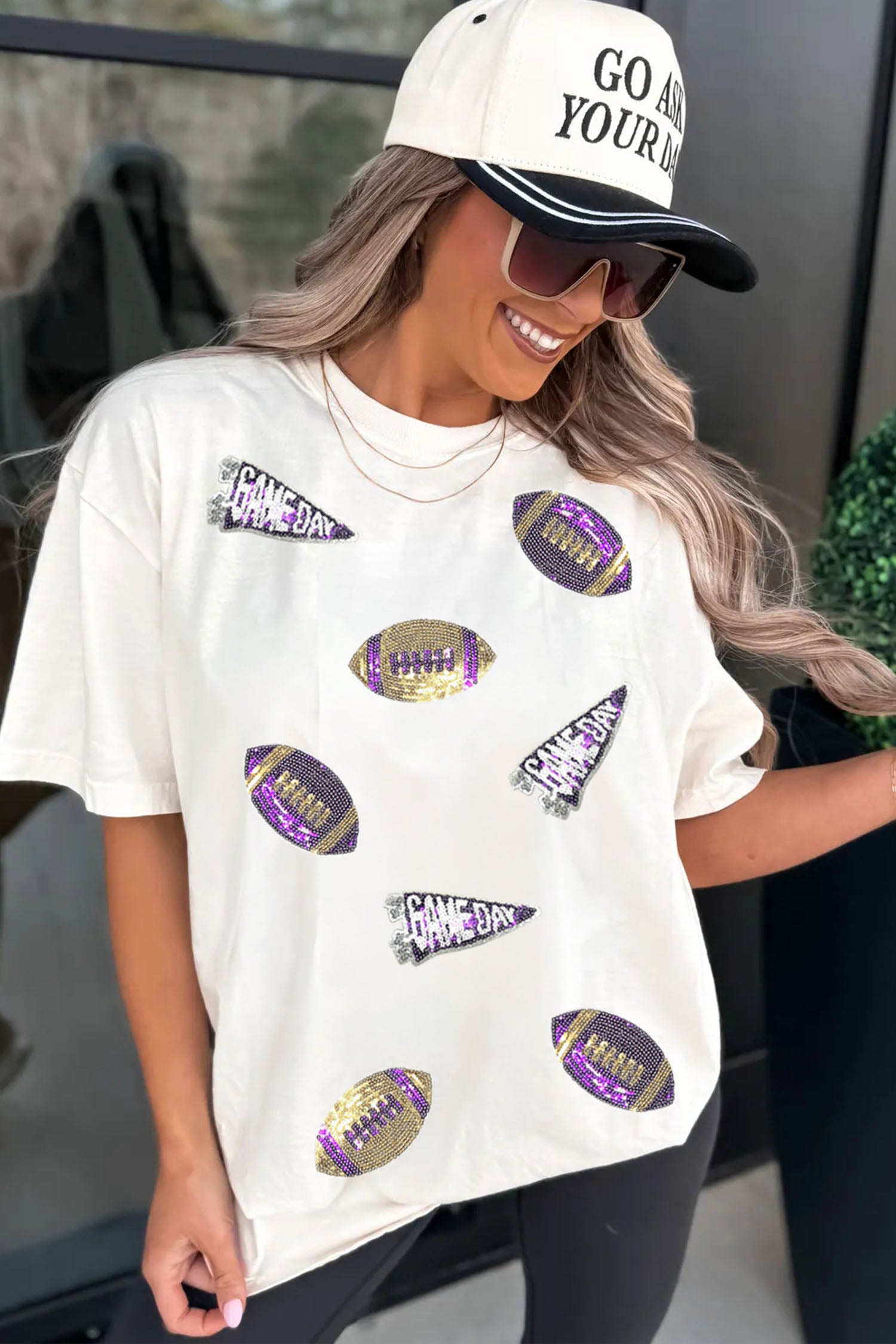 White Sequin Game Day Football Print T-Shirt