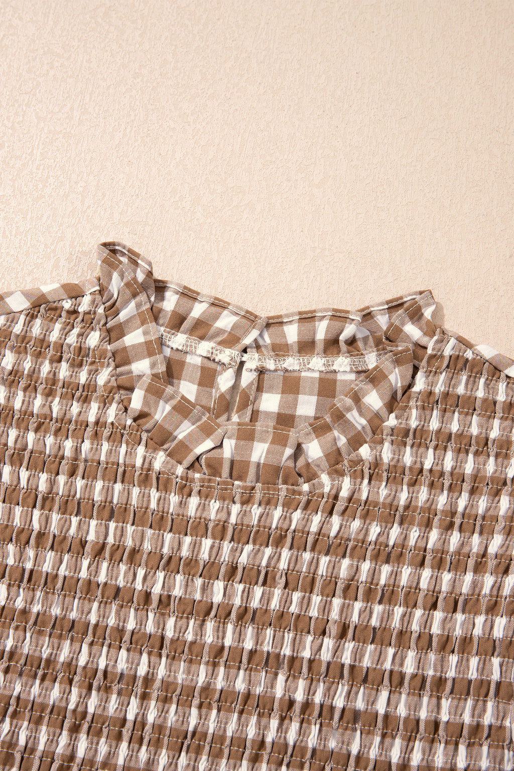 Brown 3/4 Sleeve Shirred Plaid Peplum Top