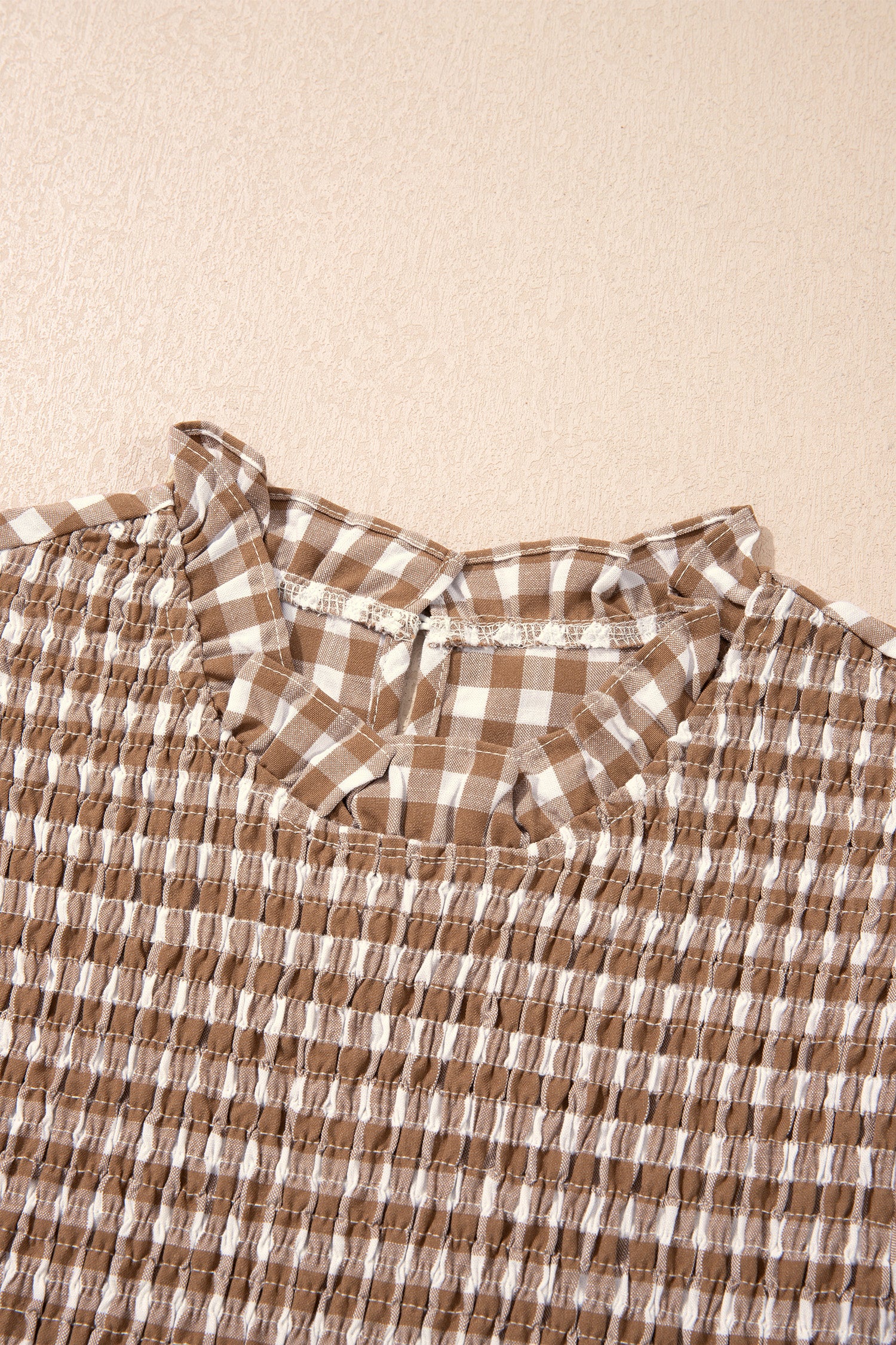 Brown 3/4 Sleeve Shirred Plaid Peplum Top
