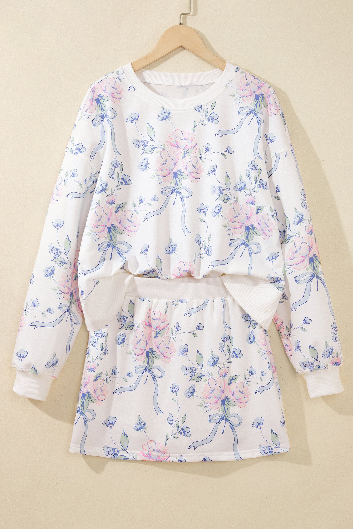 White Floral Print Long Sleeve Top Elastic Waist Skort Two Piece Dresses